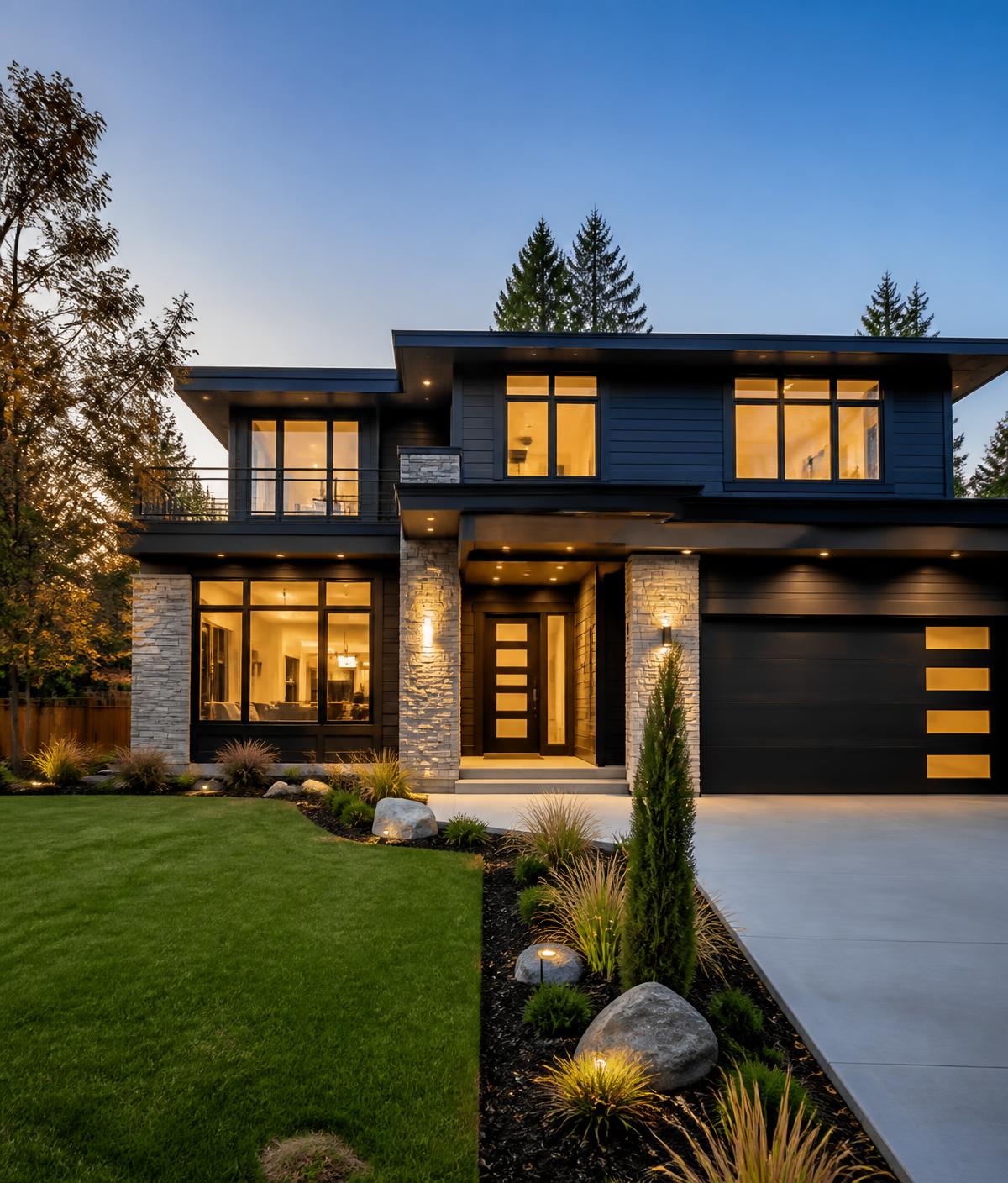 Modern two-story residential home at golden hour with landscaped front yard